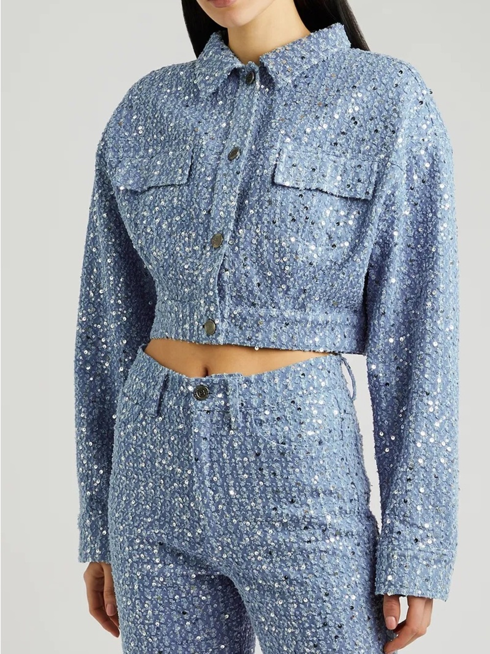 ROTATE Sequin Cropped Denim Jacket
